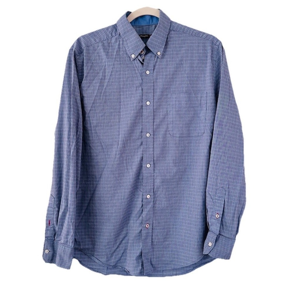 J McLaughlin Men's M Button Up Long Sleeve Shirt Blue Red Plaid Cotton Blend